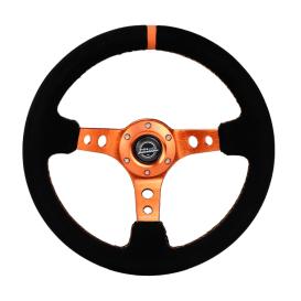 NRG Innovations 350mm Reinforced Sport Black Suede Steering Wheel with Round Holes, Orange Spokes and Orange Center Marke