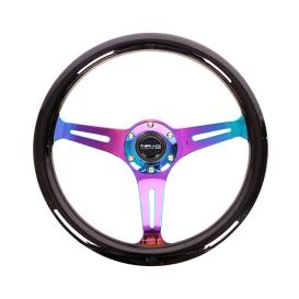 NRG Innovations 350mm Black Wood Grain Steering Wheel with Neo Chrome Slitted Spokes