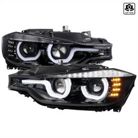 Driver and Passenger Side Dual U-Bar Projector Headlights with LED Turn Signals (Jet Black Housing, Clear Lens)