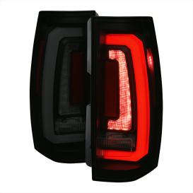 Driver and Passenger Side LED Tail Lights with Sequential Turn Signals and Red LED Bar (Matte Black Housing, Smoke Lens)