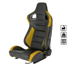 Spec-D Tuning Black / Yellow PVC Leather Carbon Fiber Pattern Cushion Fully Reclinable Racing Seat with Slider (Driver Side)