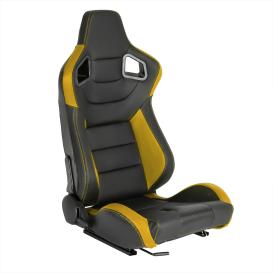 Spec-D Tuning Black / Yellow PVC Leather Carbon Fiber Pattern Cushion Fully Reclinable Racing Seat with Slider (Passenger Side)