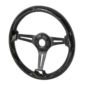 Spec-D Tuning 2" Deep Dish Aluminum 3-Spoke Wooden 350mm Steering Wheel with Black & Gold Strips Style (Black Center)