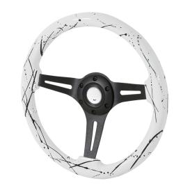 Spec-D Tuning 2" Deep Dish Aluminum 3-Spoke Wooden 350mm Steering Wheel with White & Black Strips Style (Black Center)